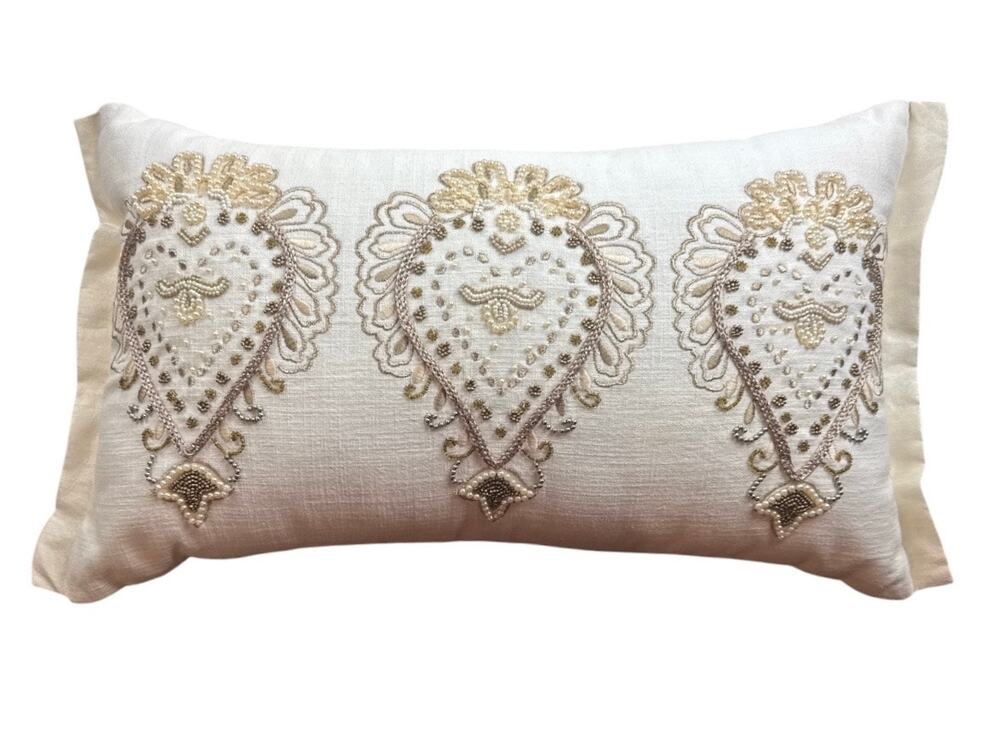 Pier 1 Throw Pillow Rectangular Linen Silk Beaded Pearl Ivory Gold Boho Chic